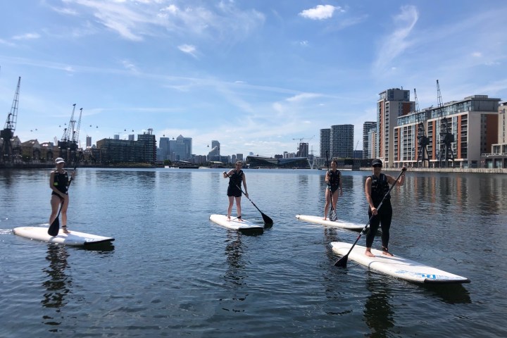 Four people paddleboarding on calm water with city skyline in background.