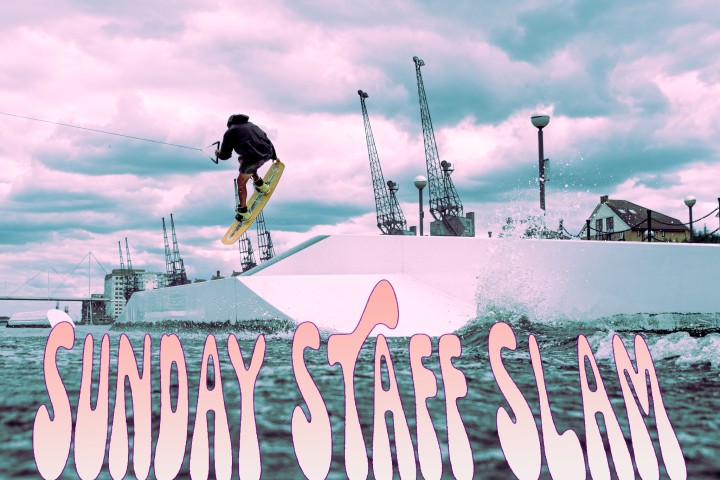 Person wakeboarding near cranes, text: 'Sunday Staff Slam.'